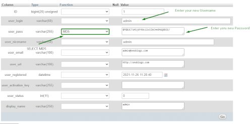 Phpmyadmin for to change user details